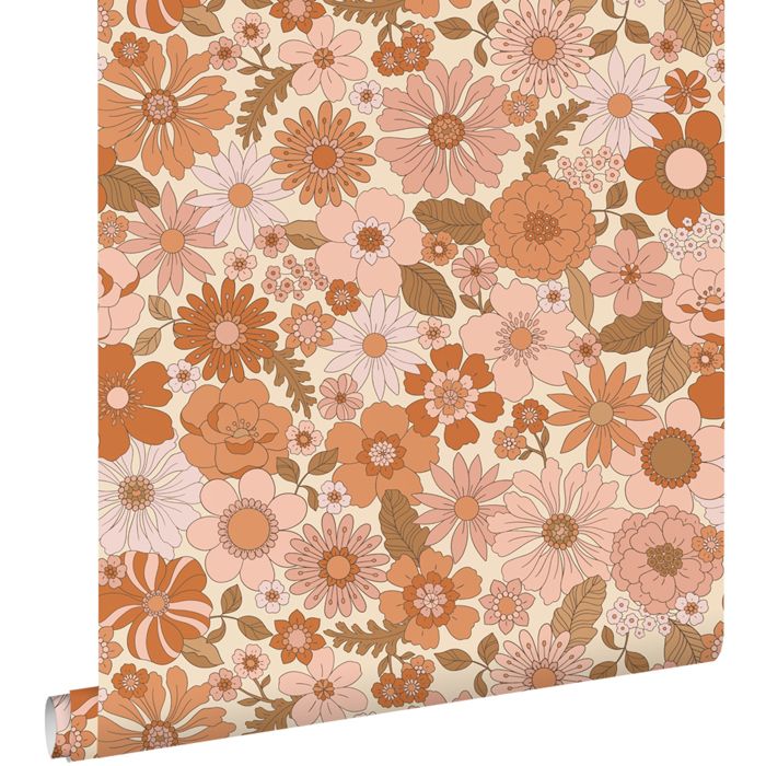 Papier peint fleurs rétro rose terracotta et orange - 53 cm x 10.05 m - ESTAhome