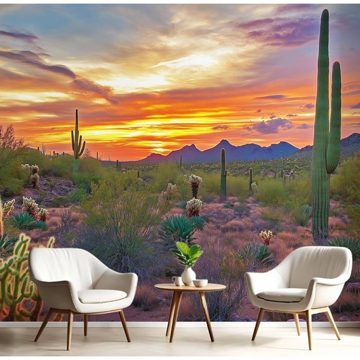 Tapisserie Murale Désert Saguaro - Cactus, Soleil Levant Et Véhicule Abandonné - Polyester Léger - Plusieurs Tailles (S, L, XL) - Décoration Chambre Salon