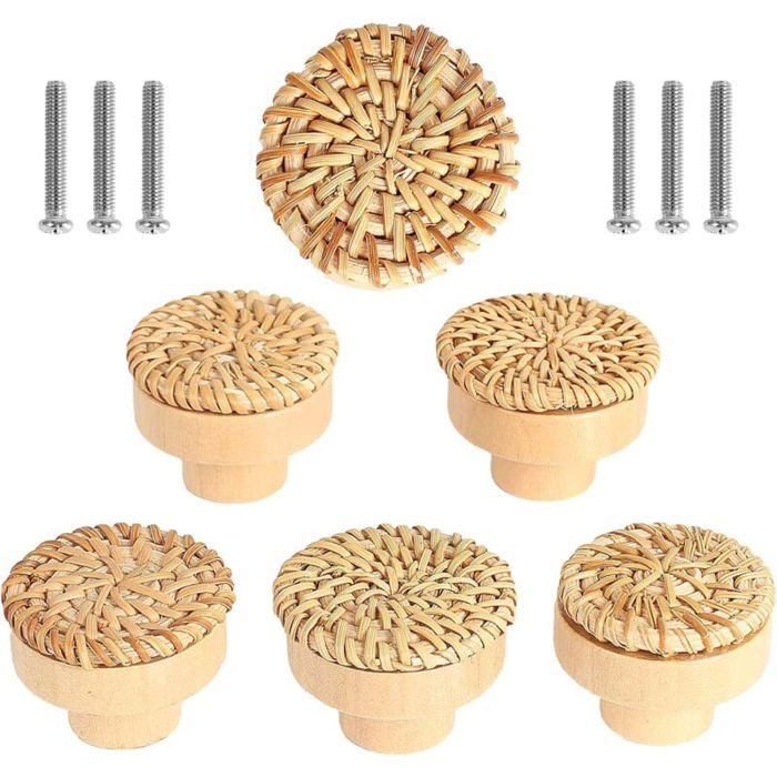 Lot de 6 boutons de meuble en rotin Boutons de Tiroir de Porte Style bohème Poignée Tiroir en Bois Ronds Pour Commode Armoire