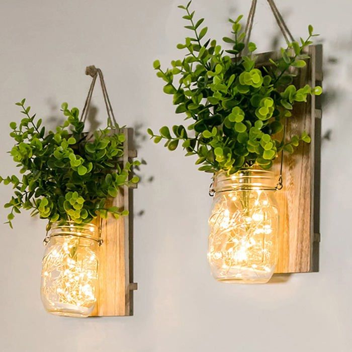 Appliques Murales Rustiques Fausses Plantes Vertes Suspendues Mason Jar Mur Lumière avec LED Bandes fonctionnant(Lot de 2)