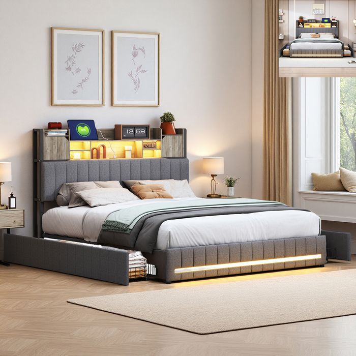 Lit Coffre Rembourré 140x190 cm LED et USB Rangement à la Tête de Lit et 4 Tiroirs Lit Double avec Sommier à Lattes Lin Gris