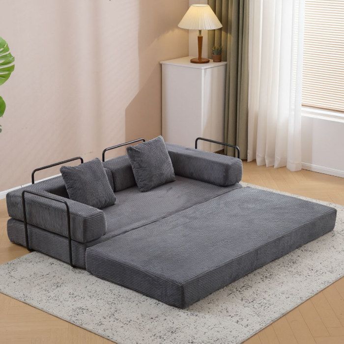 Canapé convertible 2 places - ULISEM - Gris - Accoudoirs métalliques - Design moderne - Lit confortable