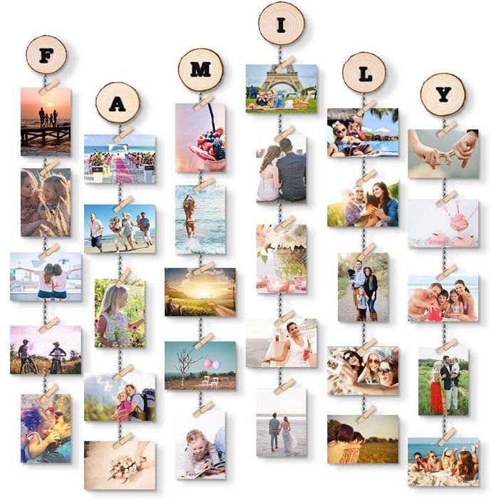 Cadre Photo Pêle-Mêle Mural En Bois 63x90cm Avec Pinces Et Stickers Personnalisables - Décoration Murale Créative