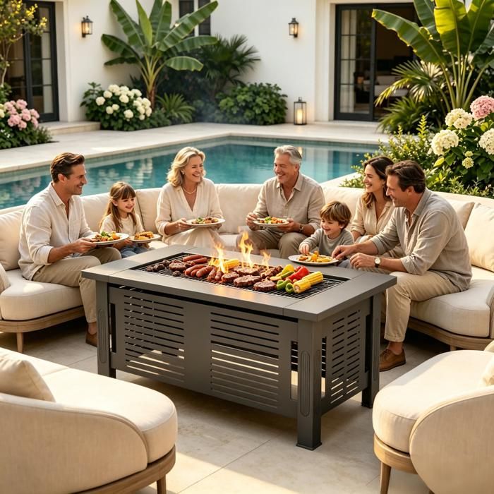 YODOLLA Brasero Extérieur 3 en 1 - Table à Feu Multifonction - Chauffage Barbecue avec Grille - pour Jardin Terrasse - Gris