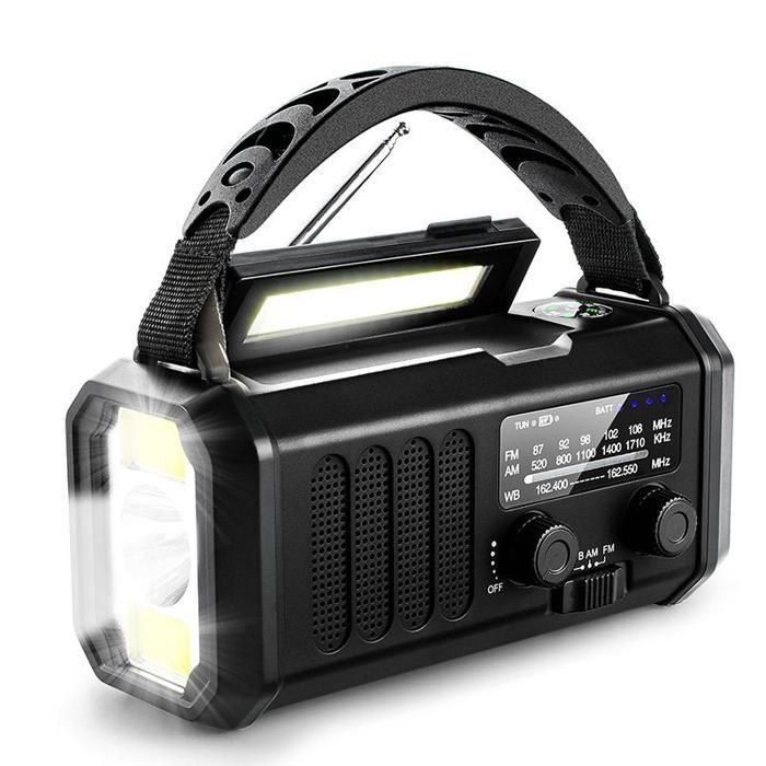 Radio AM/FM Portable Polyvalente pour Outdoor Recharge Solaire à Manivelle USB 10000mAh Power Bank Lampe - Noir