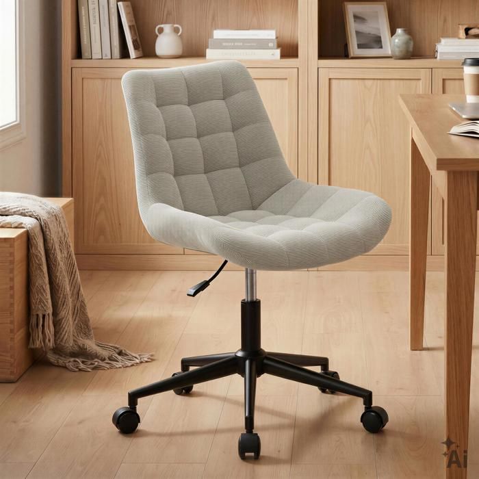 Chaise de bureau VASILO Fauteuil en Velours Côtelé Beige avec Piétement en Métal Laqué Noir Assise Réglabe en Hauteur Chaise de bureau VASILO Fauteuil en Velours Côtelé Beige avec Piétement en Métal Laqué Noir Assise Réglabe en Hauteur