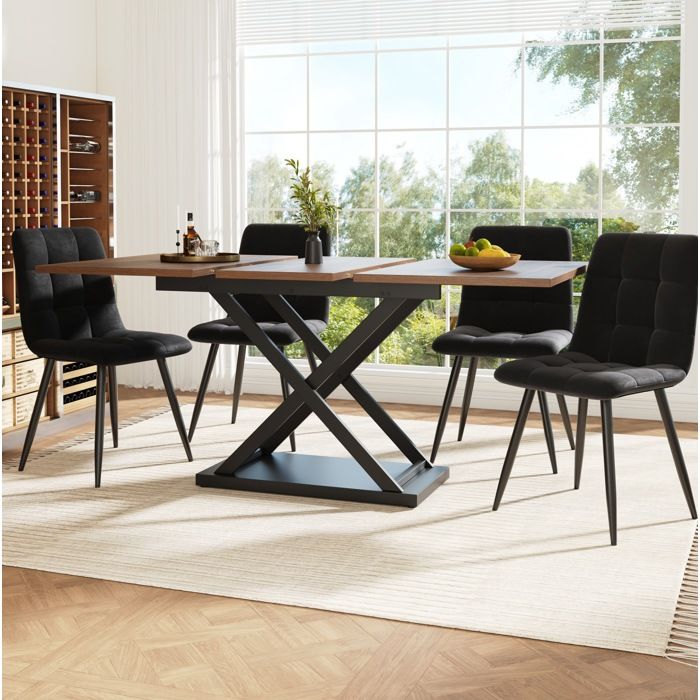 HOMVRA Ensemble table à manger extensible 120x80x75 cm avec 4 chaises avec plateau extensible MDF métal velours marron noir