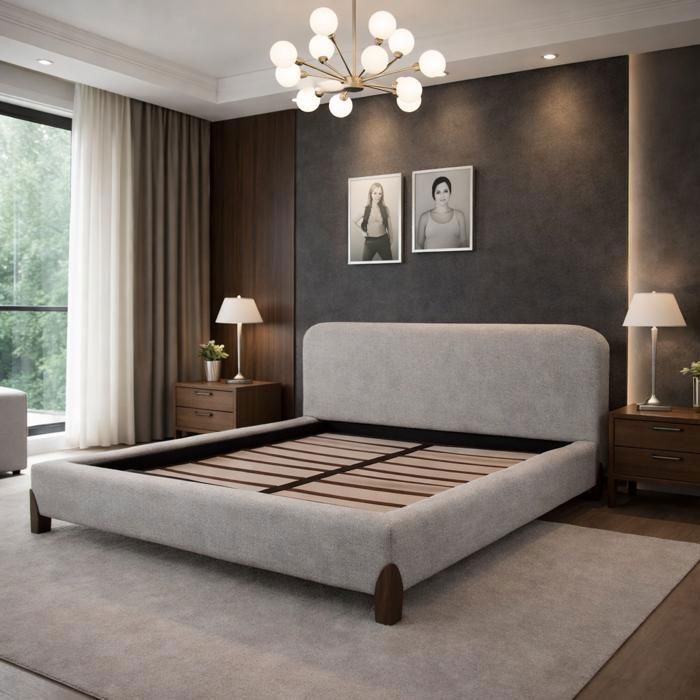 Lit Capucine - SAMPUR - 140x190 cm - Tissu feutrine beige - Tête de lit incluse Lit Capucine - SAMPUR - 140x190 cm - Tissu feutrine beige - Tête de lit incluse