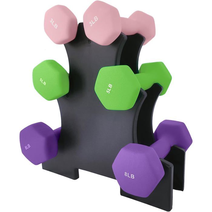 Set dHaltères Hexagonaux 3/5/8 lb - Poids PVC Antidérapant avec Support - Kit de Musculation complet Idéal pour Fitness Yoga