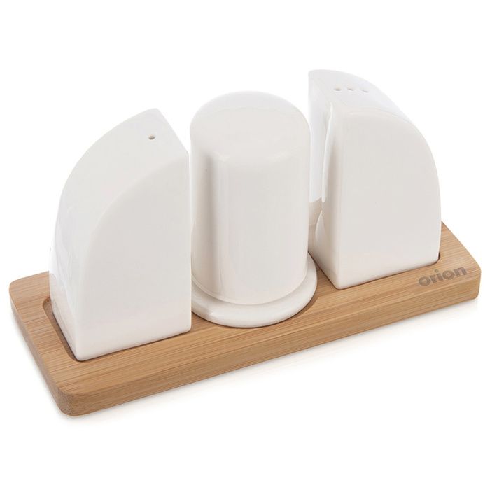 Ensemble salière et poivrière en porcelaine - ORION - 4 pièces - Support en bois de bambou - 45 ml
