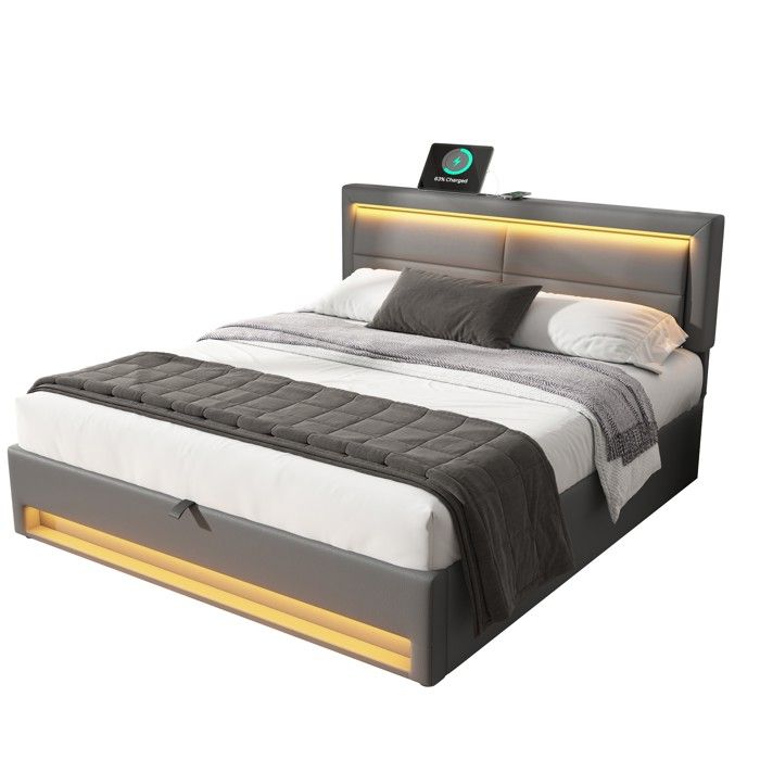 Lit Coffre Double 140x190 cm - Rangement Hydraulique Pratique avec Port USB - Tête Réglable - Sans Matelas - Gris