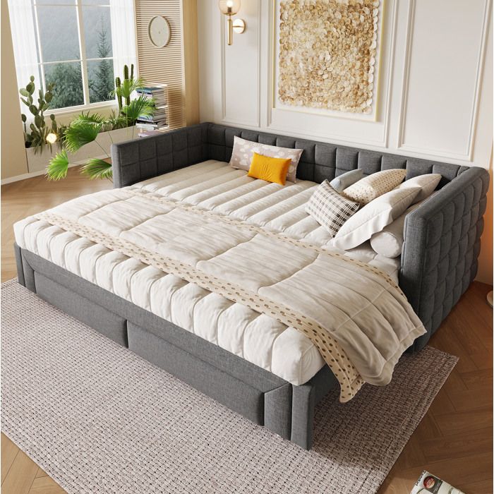 Daybed convertible en velours gris avec dossier carré et 2 tiroirs de rangement