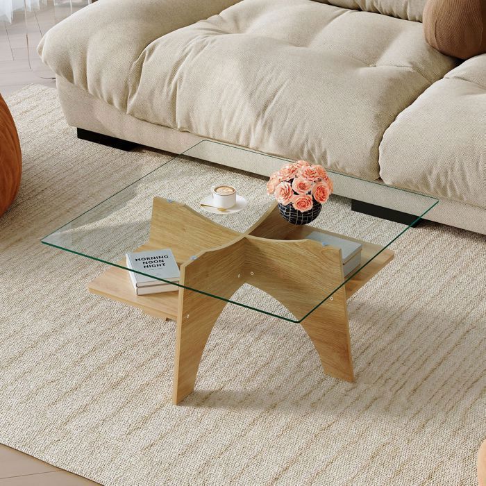 Table basse carrée BELLEMAVE en verre de sécurité – 80 cm de côté étagère intégrée Pieds en MDF aspect bois clair