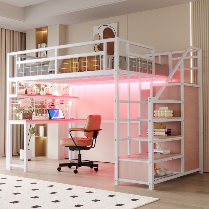 MIVRAY Lit Mezzanine Lit Double avec Escalier de Rangement Bureau Armoire et Prises 140×200 cm sans Matelas Blanc