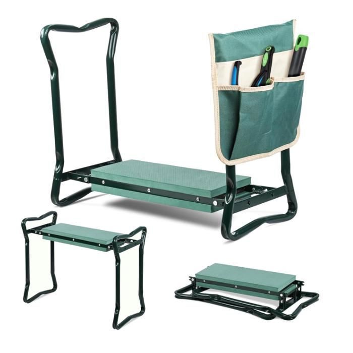 Banc de Jardinage Pliable 2 en 1 Tabouret Agenouilloir de Jardin avec Pochette de Rangement Outils Siège avec Coussin Doux Vert