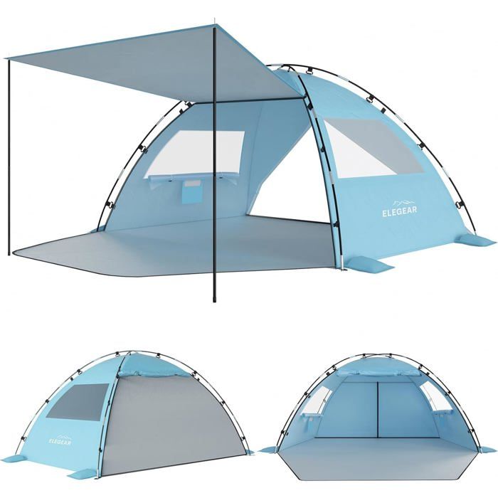 Tente de Plage Anti UV UPF 50+Tente de Camping Famille avec Auvent pour 6-7 Personnes Ultralight Portable Abri de Plage avec Sac