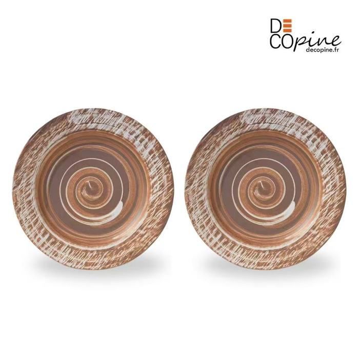 Lot de 2 Assiettes Plates Artisanales 27 5 cm – Fabrication Handmade – Décor Bois Marron et Blanc – Vaisselle de Table