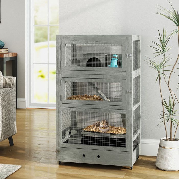 Cage bois hamster nain 65x45x109cm abris bascule toboggan gamelles 4 niveaux verrou rampes roues gris.