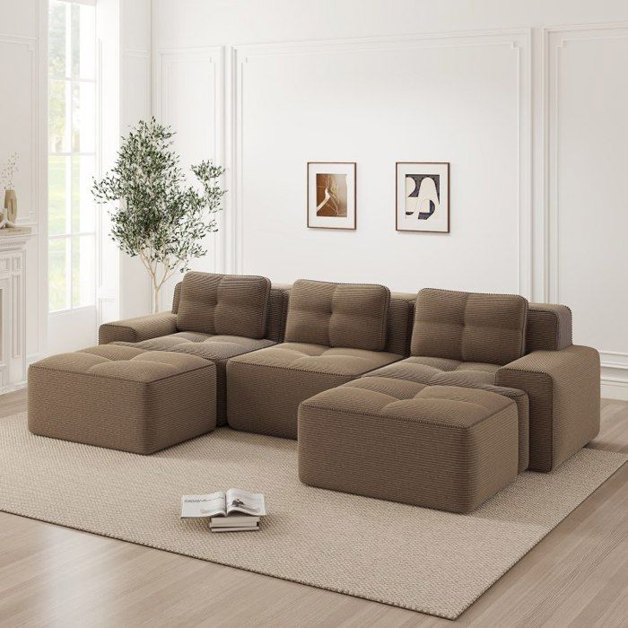 Canapé Modulable Cloud en Forme de U avec Ottoman Sofa en Velours Côtelé 3 Places pour Salon Sans Montage Brun Confortable