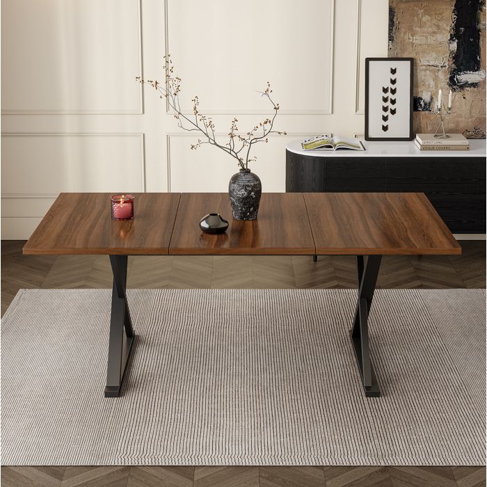 Table de salle à manger 180x90x75 cm design simple et robuste métal et bois noyer capacité 6-8 personnes
