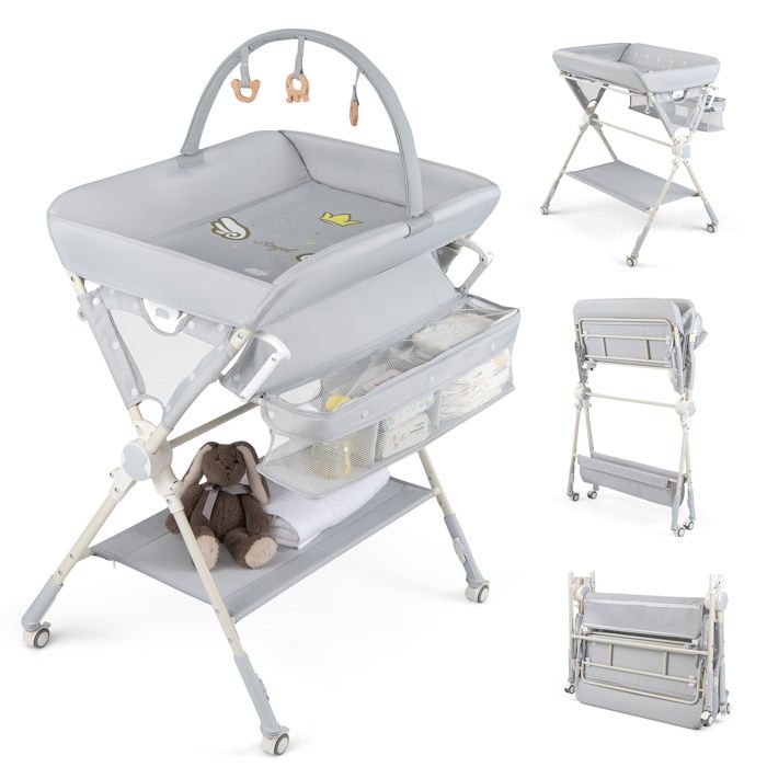 COSTWAY Table à Langer Pliante Bébé avec Rangements Réglable en 3 Hauteur Roues Verrouillables et Jouets en Bois 0-12 Mois Gris COSTWAY Table à Langer Pliante Bébé avec Rangements Réglable en 3 Hauteur Roues Verrouillables et Jouets en Bois 0-12 Mois Gris