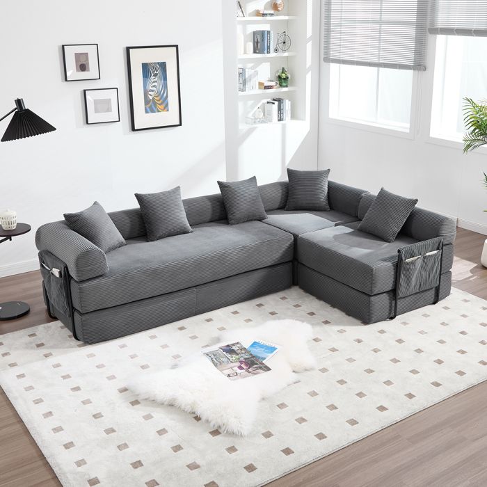 Canapé modulaire avec rangement - Gris foncé - Velours côtelé - 270x180x64 cm - 73.9 kg - Poche latérale intégrée