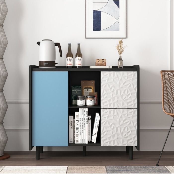ELVORIN Buffet de rangement noir et bleu 40 x 90 x 80 cm MDF 2 tiroirs 1 meuble ferme pour salle a manger et salon