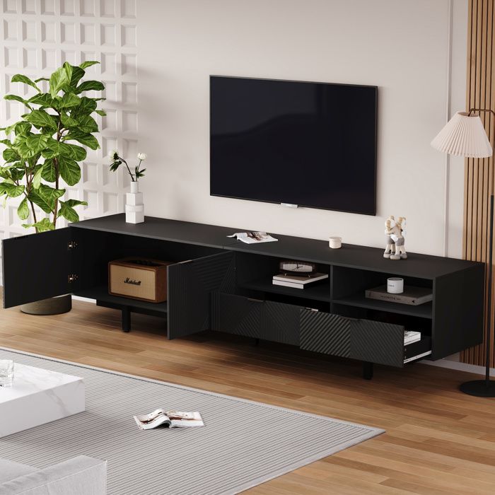 Meuble TV noir 200 cm style moderne minimaliste avec décor géométrique rangements et passe-câbles ORVRYN