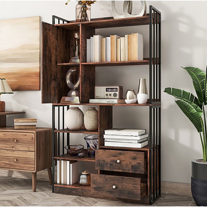 Modenuit Bibliothèque industrielle 100 x 30 x 173 5 cm avec 6 étagères 1 porte 2 tiroirs marron et noir