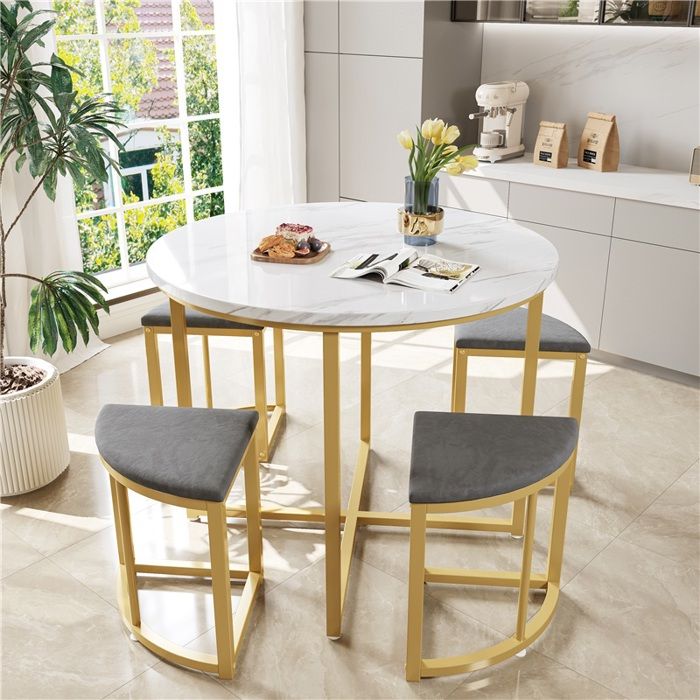 Ensemble table et 4 chaises velours gris cadre doré et plateau MDF salon salle à manger moderne mobilier haut de gamme