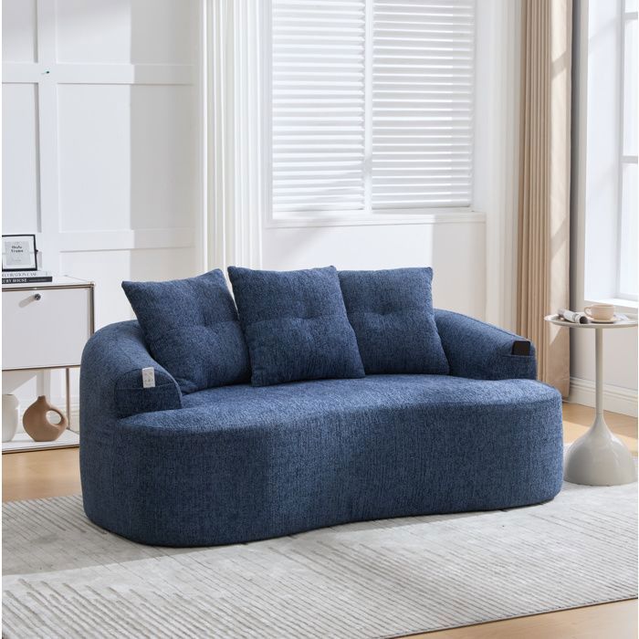Canapé Droit 2 Places Compressé Forme Incurvée Assise Profonde avec 3 Coussins en Chenille Bleu 164 × 92 × 60 cm