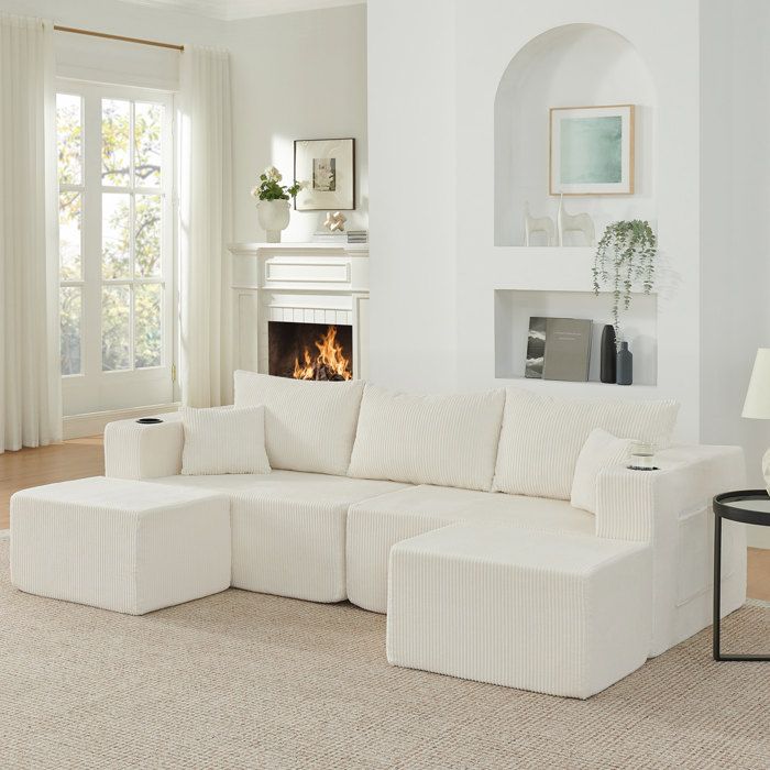 Ensemble de canapés avec Canapé d’angle 3 places 2 Ottomanes et Coussins - TCQPZ - Porte-gobelets - Mousse et Beige