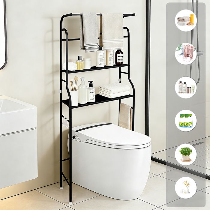 Étagère De Rangement Pour WC 3 Niveaux - Noir - Porte-Serviettes Avec Crochets - 46×25×160 CM Gain De Place Pour Salle De Bain