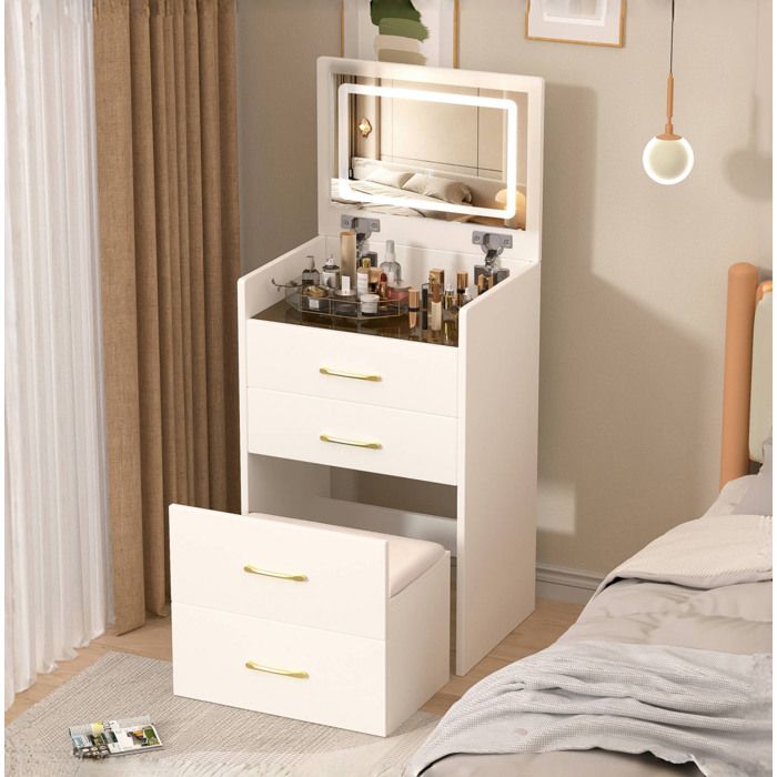 Coiffeuse miroir rabattable plateau en verre 3 tiroirs - ELVMI - tabouret inclus en MDF blanc 60 × 40 × 118 cm