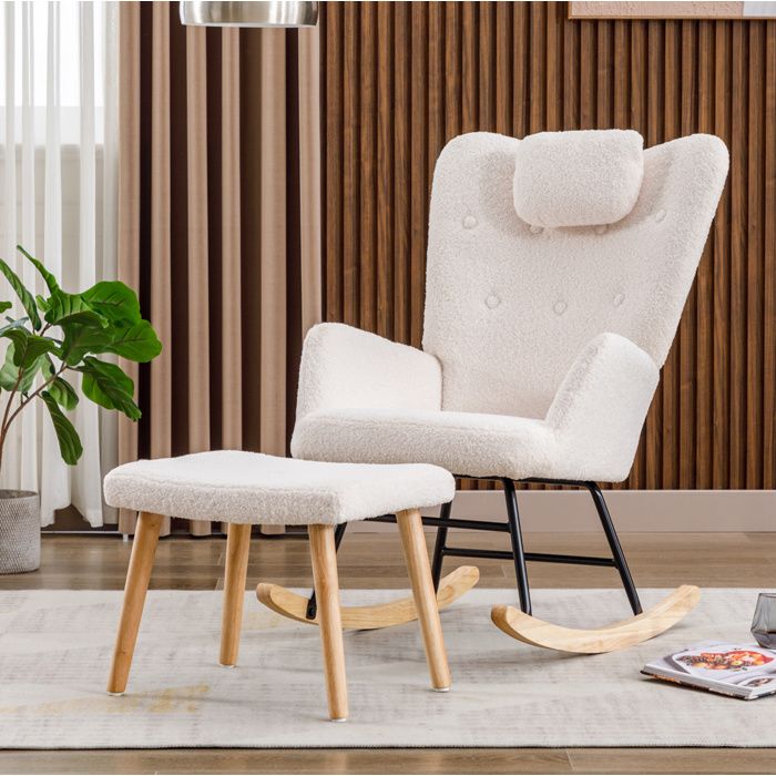 Fauteuil à bascule bouclé AESVAR avec têtière et repose-pieds blanc 65 x 82 x 94 cm