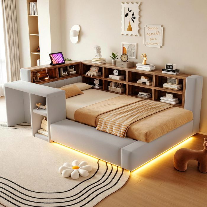 Lit combiné 90×200 cm - MIVRAY - rangements intégrés LED prises et table de chevet matelas non inclus