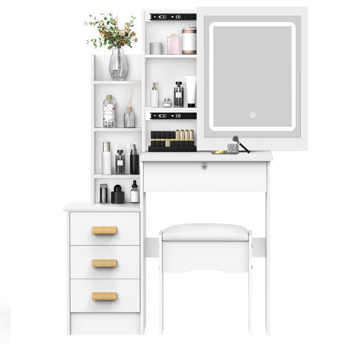 Coiffeuse 80×365×130cm miroir coulissant lumineux table de maquillage plateau spacieux 4 tiroirs étagères et rangements cachés