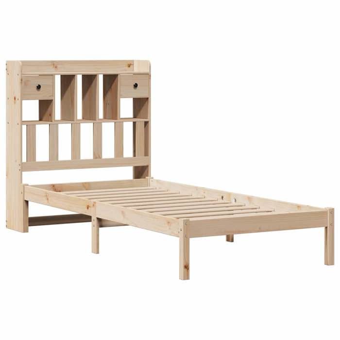 Lit bibliothèque 90 x 190 cm en bois de pin massif - 1 personne - Sans matelas - Sommier à lattes - Tiroirs intégrés_FR80485