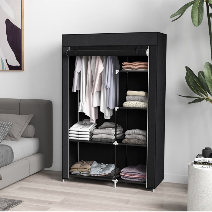 MEUVYX Armoire en Tissu avec 1 Tringle 6 Étagères et Fermeture Zippée pour Chambre en Acier Noir 103 × 43 × 162 5 cm