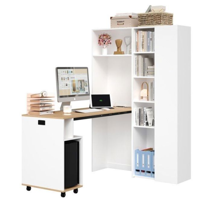 Vitrine d angle style scandinave 139x50cm bureau dangle roulettes multiprise USB bibliothèque haute et étagères