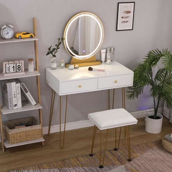 100x40x140 cm Blanc Table de Maquillage Moderne avec Un Grand Plateau et 5 Tiroirs Lestarain Coiffeuse avec Miroir Rond LED et Tabouret Pieds en Métal Doré
