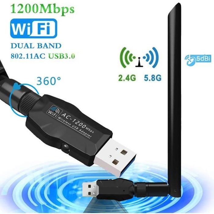 Clé WiFi USB 3g - 1200Mbps adaptateur Wifi USB - USB 3.0 Dongle Wifi  Bi-bande 2.4G/5.8G 802.11 AC - Antenne 5dBi - Noir - Cdiscount Informatique