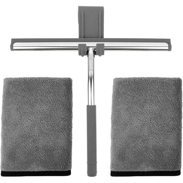 Raclette Douche, Raclette Vitre en Silicone Squeegee Douche Salle de Bain Racloir Paroi de Vitre pour Miroir Nettoyage Fenêtre avec Support e 2 Crochet Adhesif Mural, sans Perçage, Noir