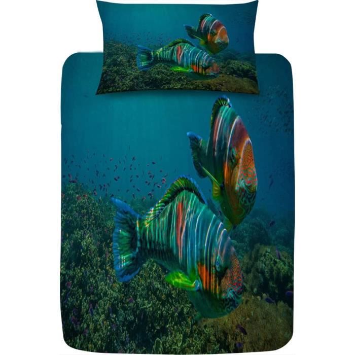 Housse de Couette Poisson, Parure de Lit 1 Personne Imprimée Océan 3D