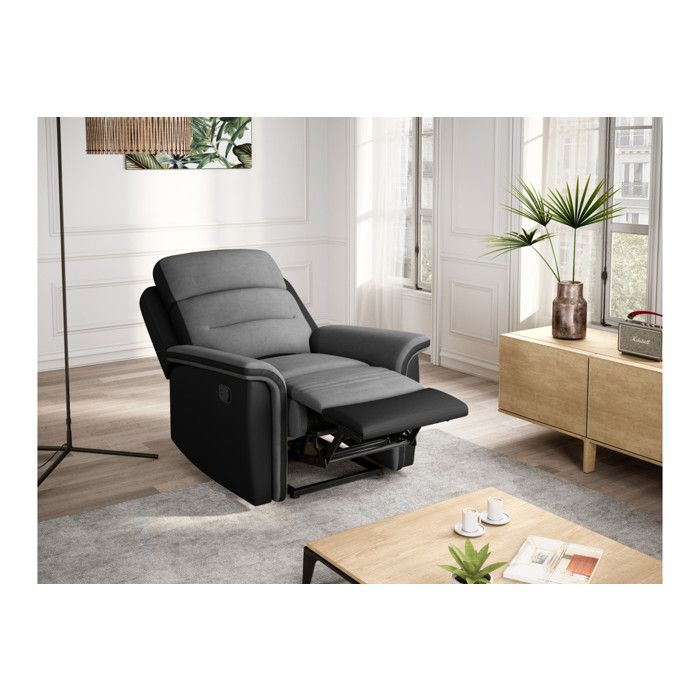Fauteuil de Relaxation 1 place en Microfibre et Simili LÉON - Gris et Noir - LOUNGITUDE Fauteuil de Relaxation 1 place en Microfibre et Simili LÉON - Gris et Noir - LOUNGITUDE
