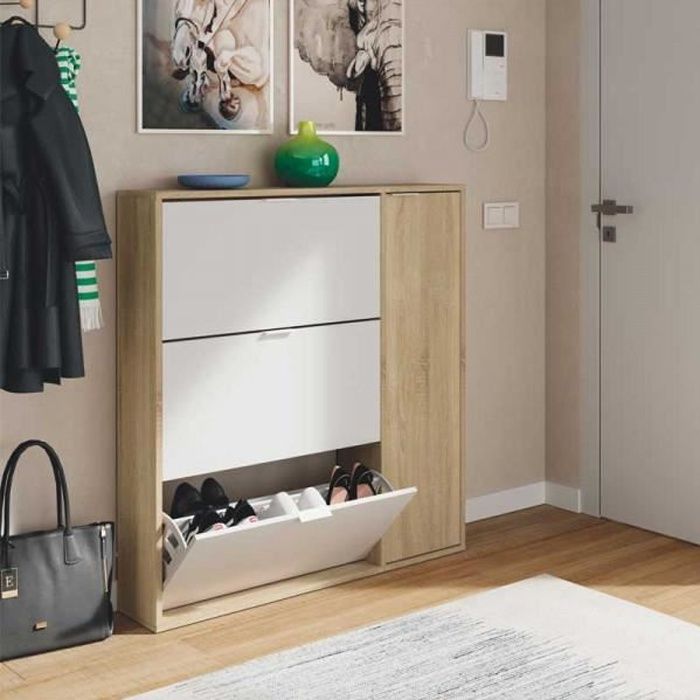 Meuble à chaussure 4 portes Blanc/Chêne clair - CASA - Bois clair - Bois -  L 106 x l 22 x H 115 cm - Meuble chaussure - Cdiscount Maison