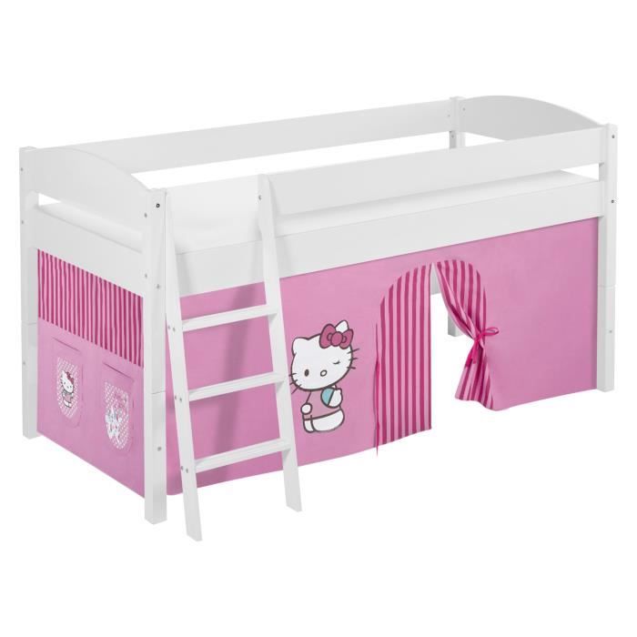 Lit surélevé ludique - HELLO KITTY - IDA 4105 - Rose - Rideaux inclus - Bois massif