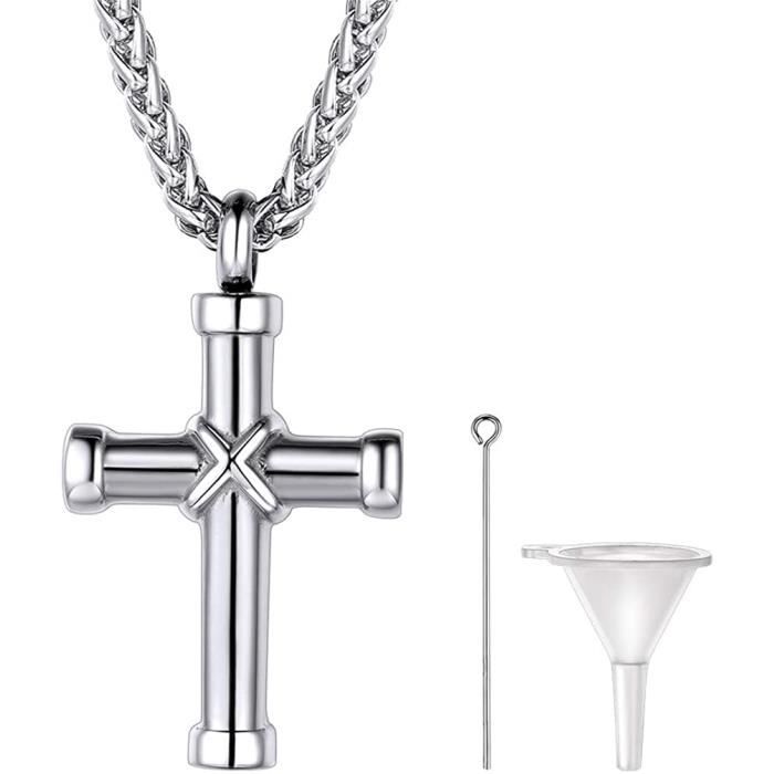 Pendentif Urne Funéraire - Collier Pour Cendres Ou Cheveux - Croix Acier Inox, Chaîne Réglable 46-52 Cm