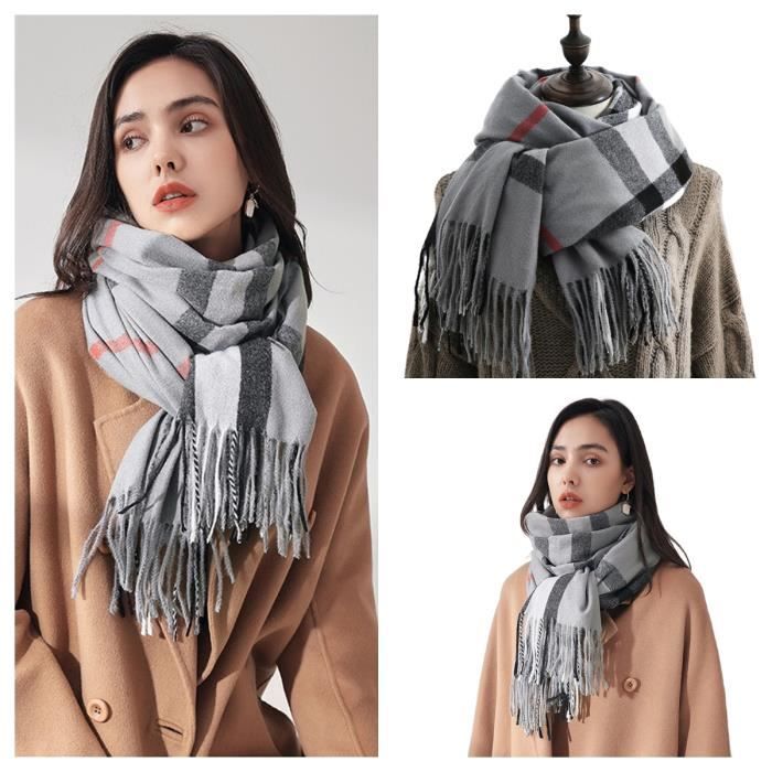 29-5 gris Foulard en cachemire pour femme, cache nez, grande couverture  classique à carreaux, châle doux et