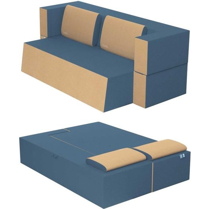 canapé lit praticho convertible modulable réversible 2 places -tissu dehoussable et lavable couleur jeans